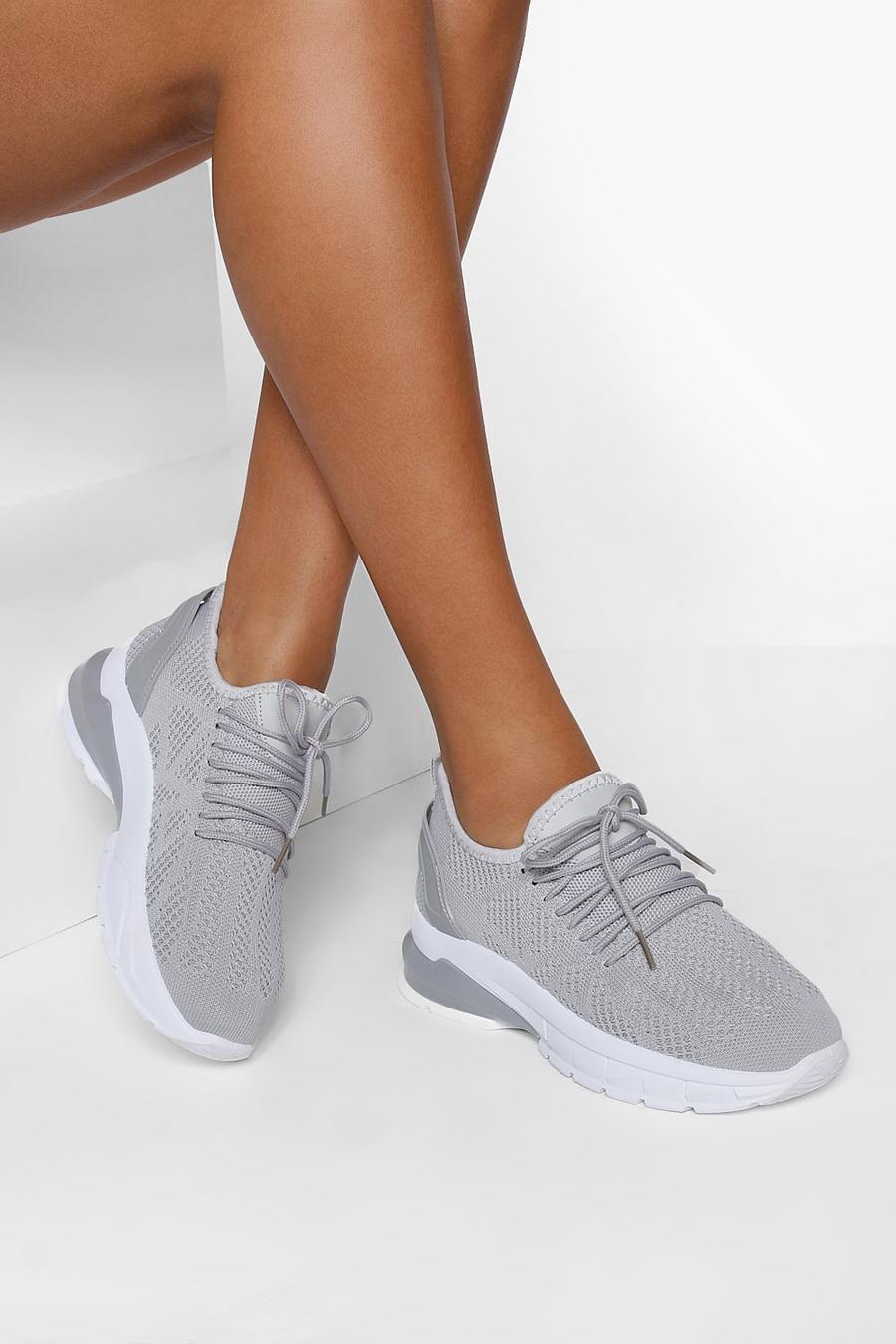 Grey Wide Width Bubble Sole Knitted Sports Sneakers image number 1