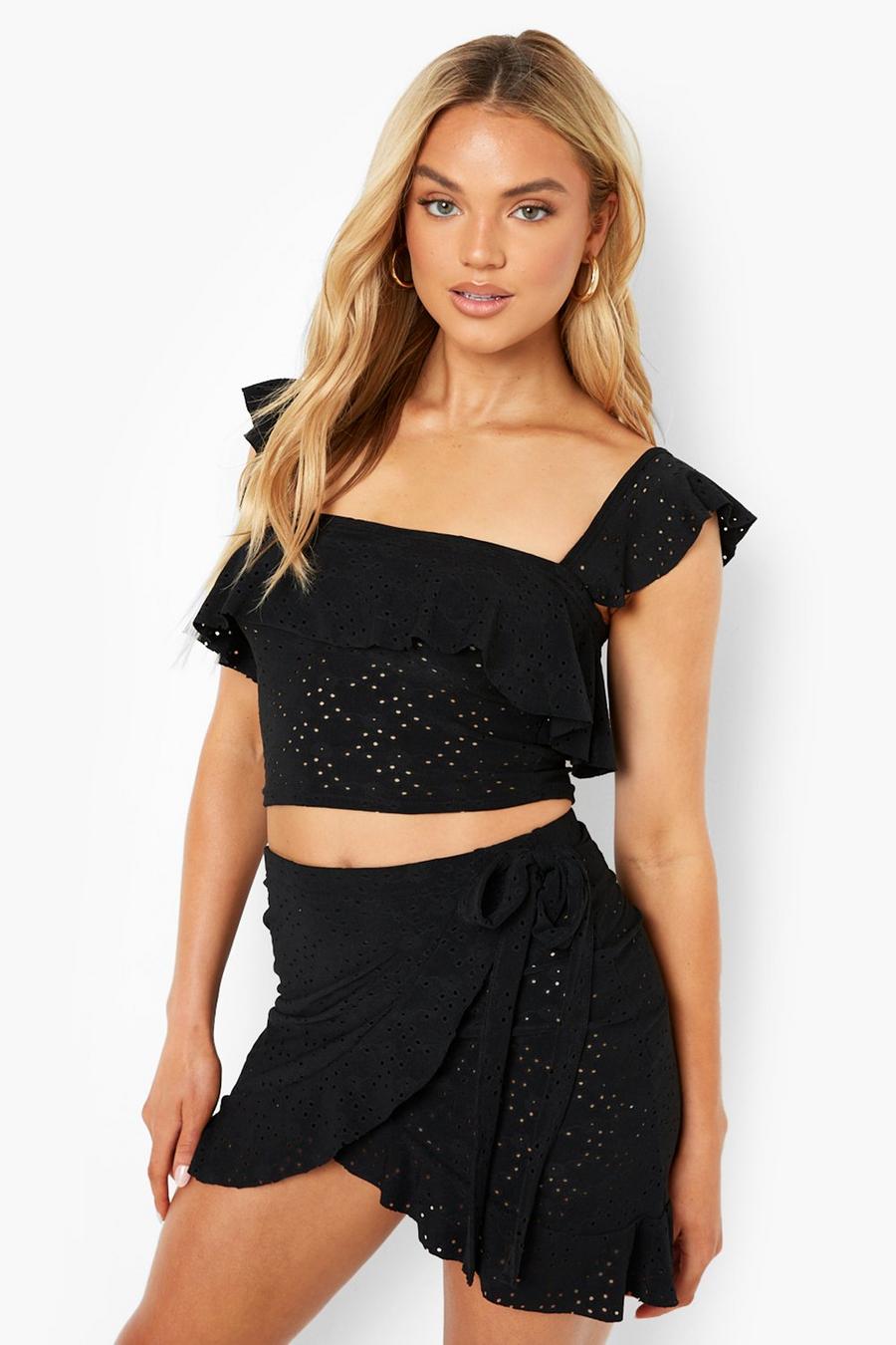 Black Jersey Broderie Ruffle Crop & Skirt image number 1