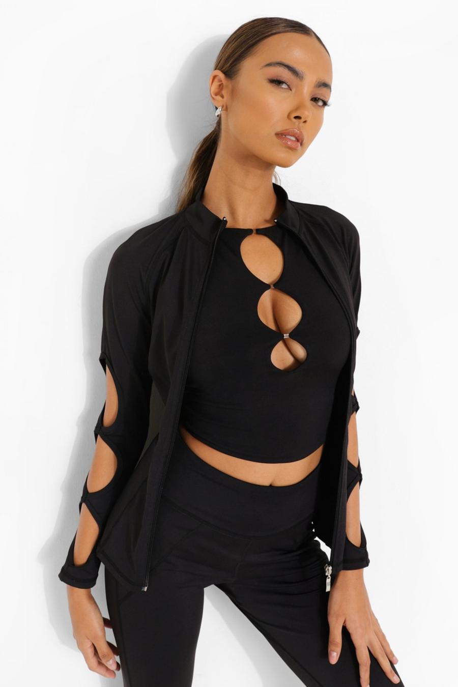 Black Yoga Cut Out Funnel Neck With Peached Finish image number 1