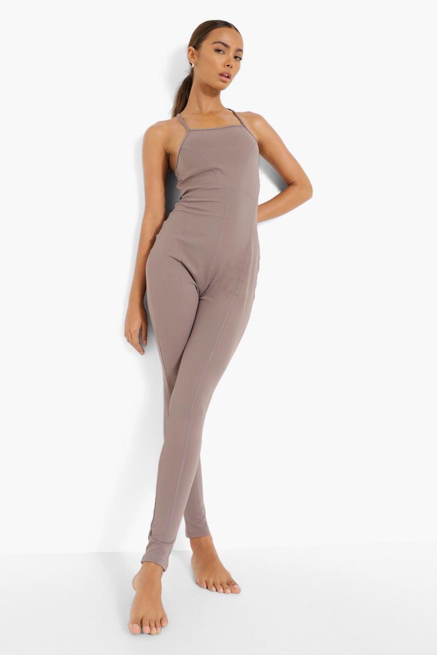 Grey Yoga Seam Detail Unitard With Peached Finish image number 1