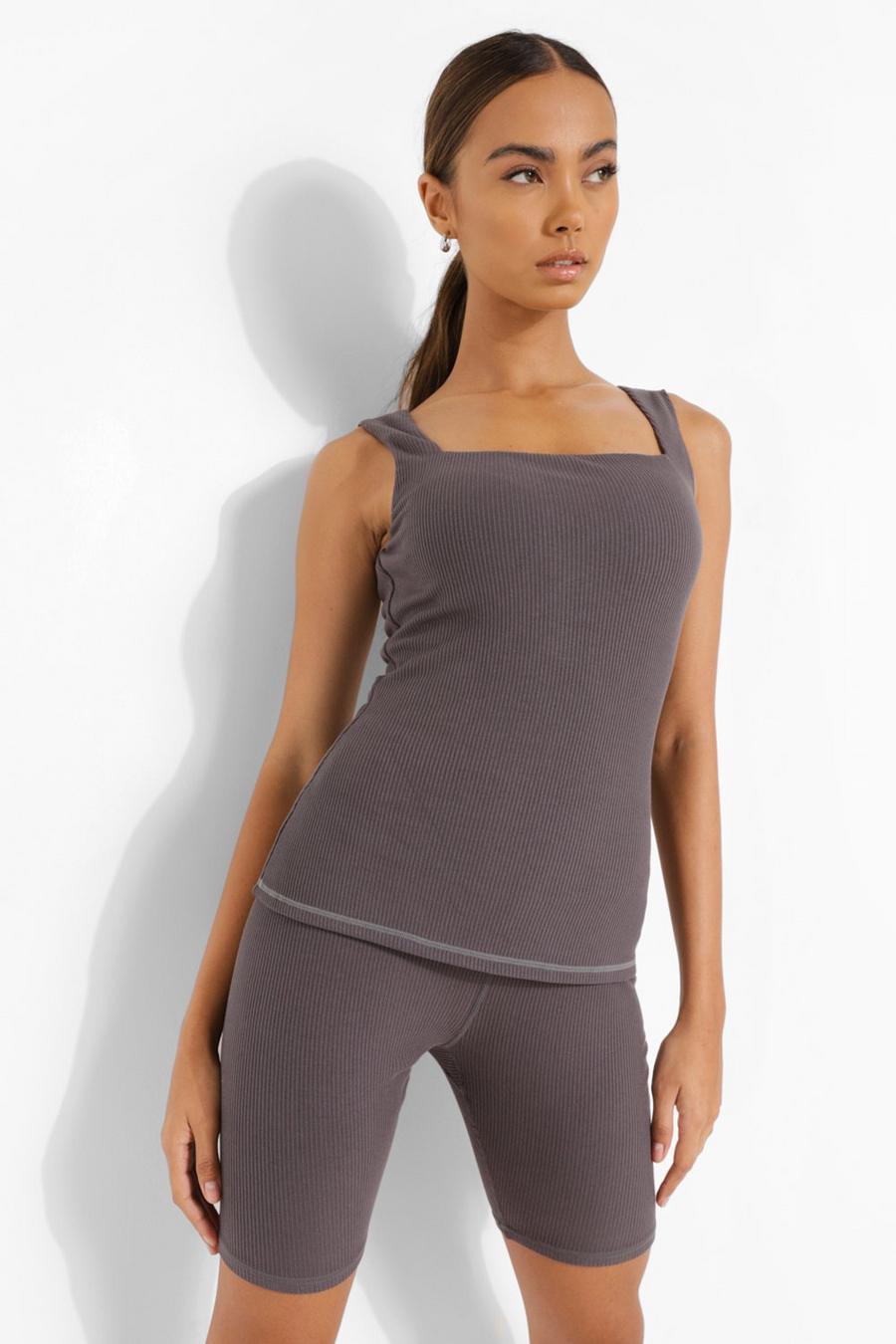 Pantalón corto de yoga estilo ciclista de canalé sin costuras, Grey image number 1