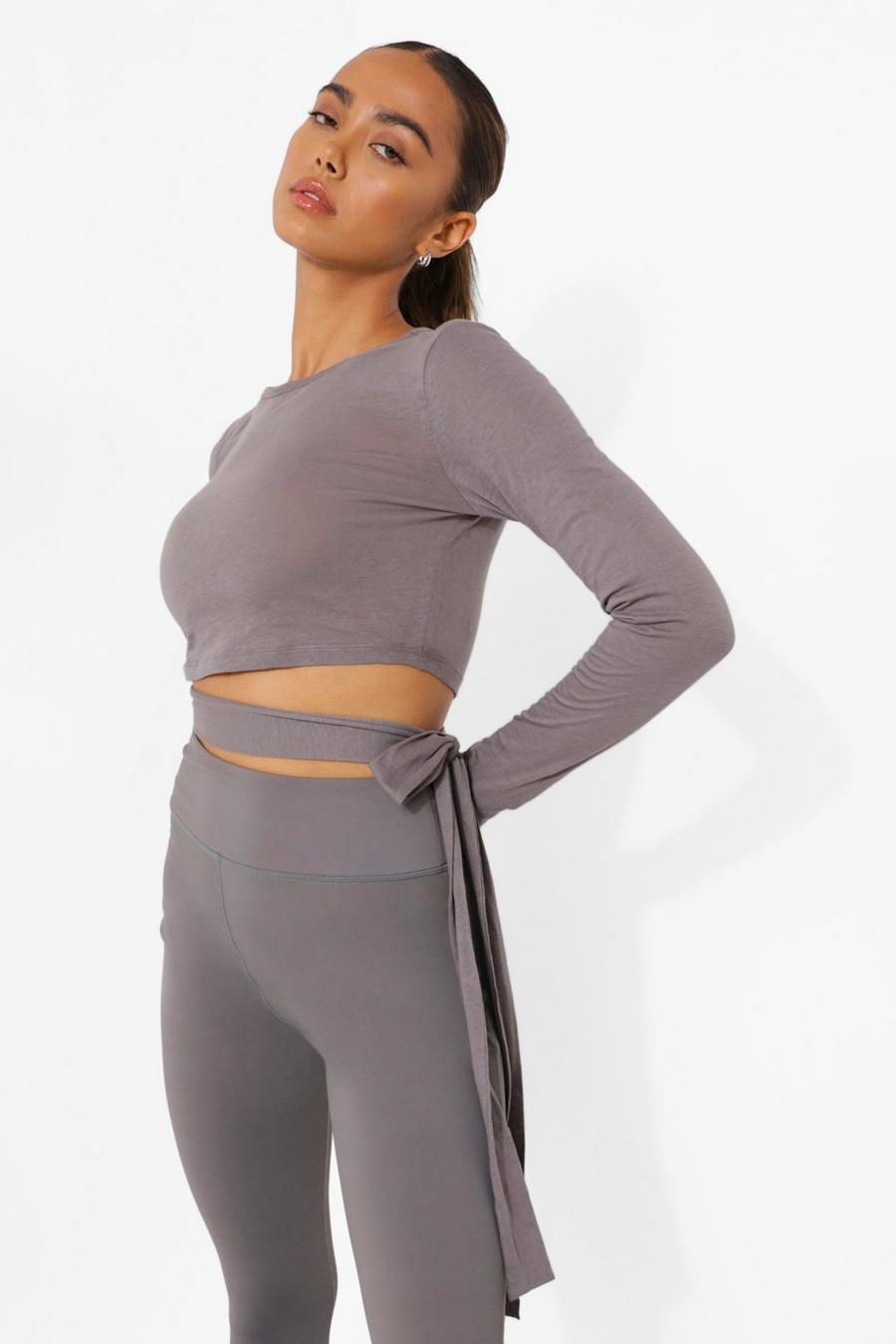 Grey Yoga Tie Wrap Active Top With Peached Finish image number 1