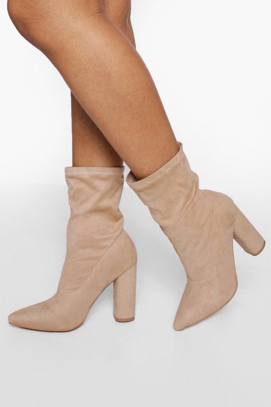 Cream white Block Heel Pointed Toe Sock Boots image number 1