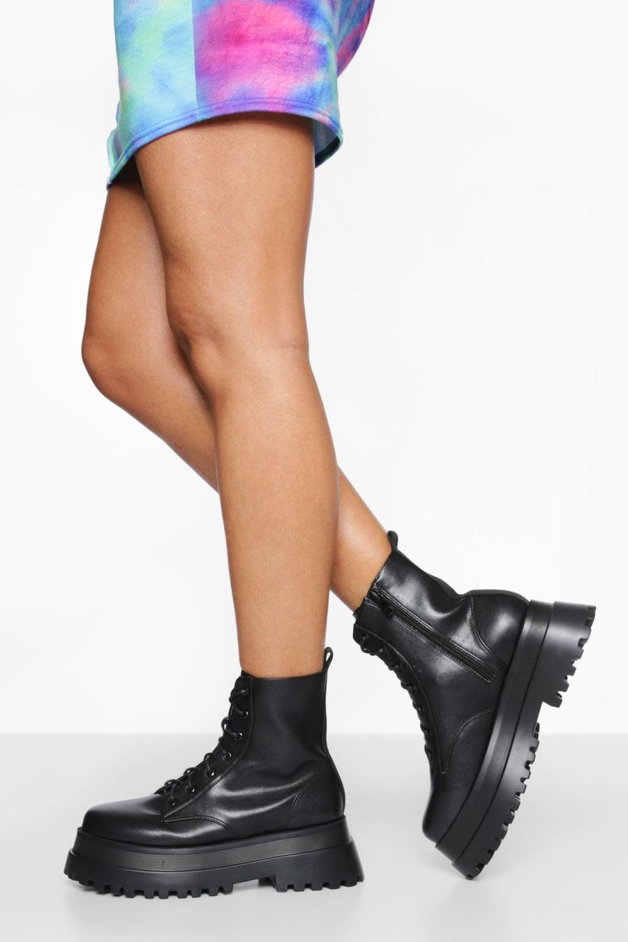 Black Extreme Chunky Ankle Combat Boots image number 1