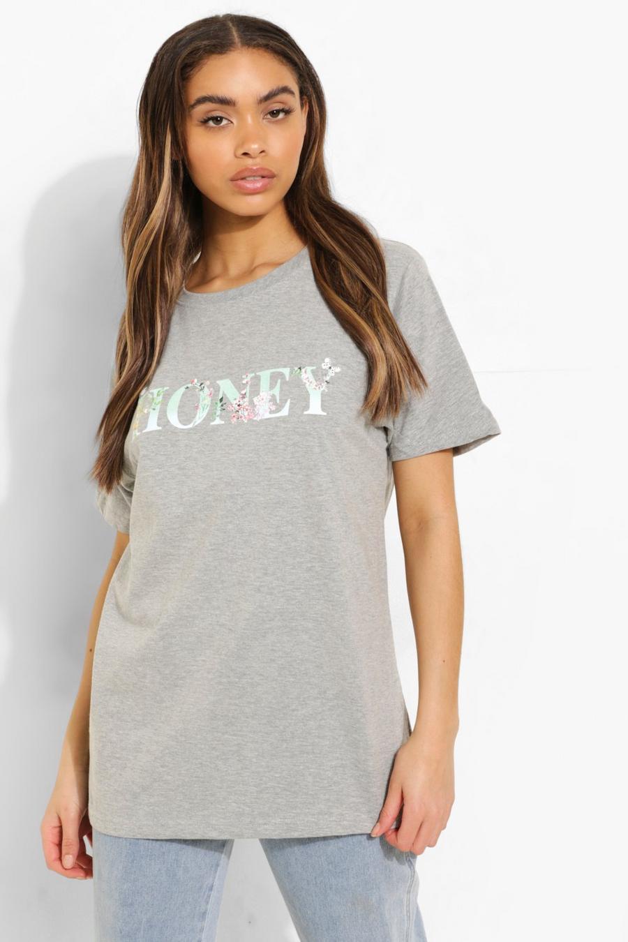 T-shirt oversize con scritta Honey floreale, Grigio mélange image number 1