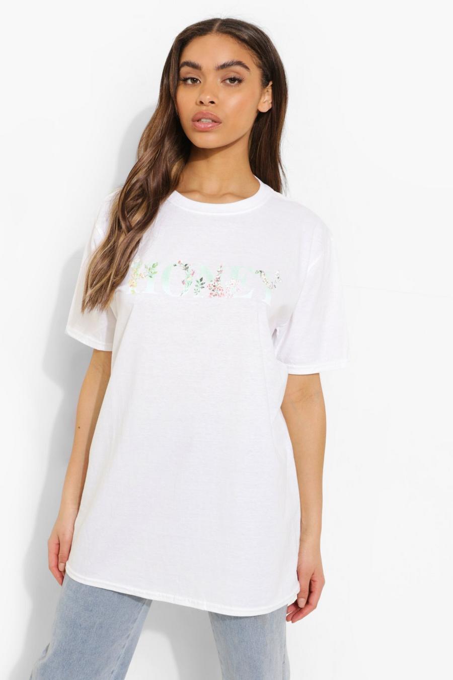 T-shirt oversize con scritta Honey floreale, Bianco image number 1