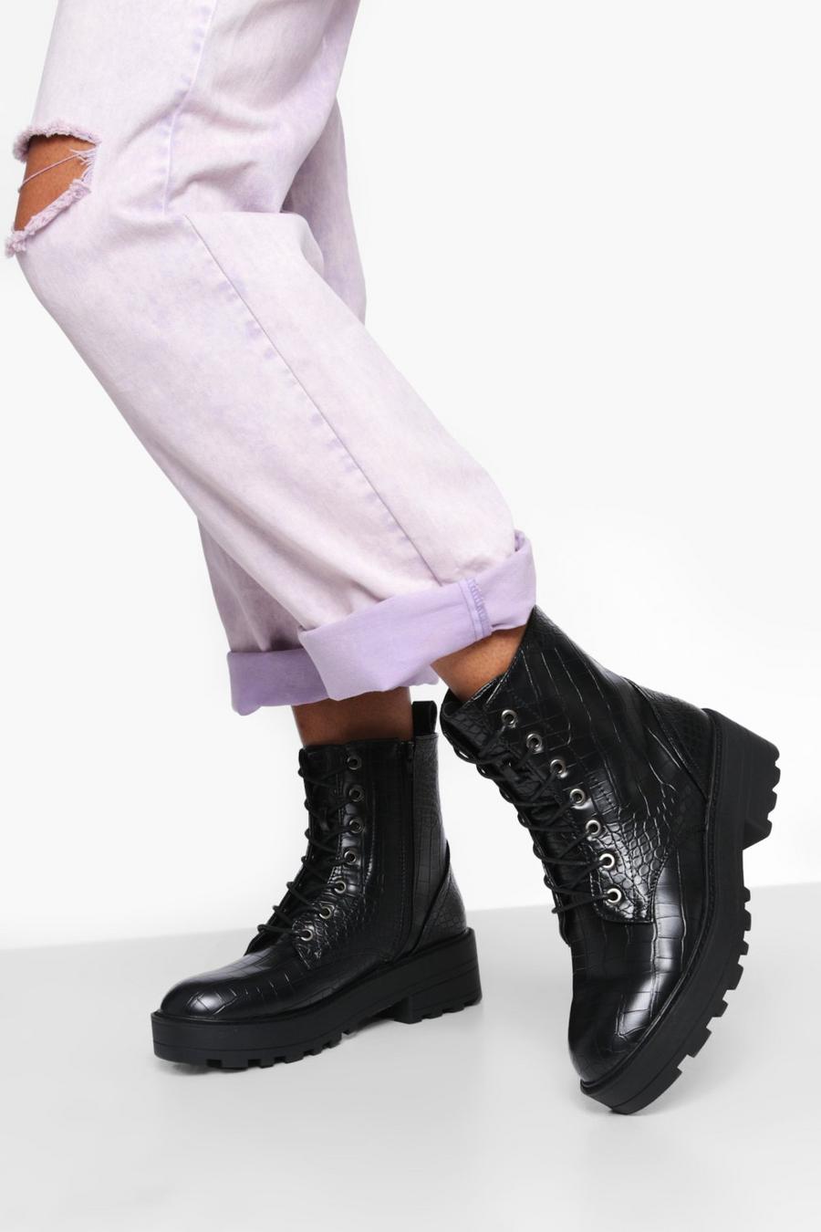 Black svart Chunky Lace Up Croc Hiker Boots