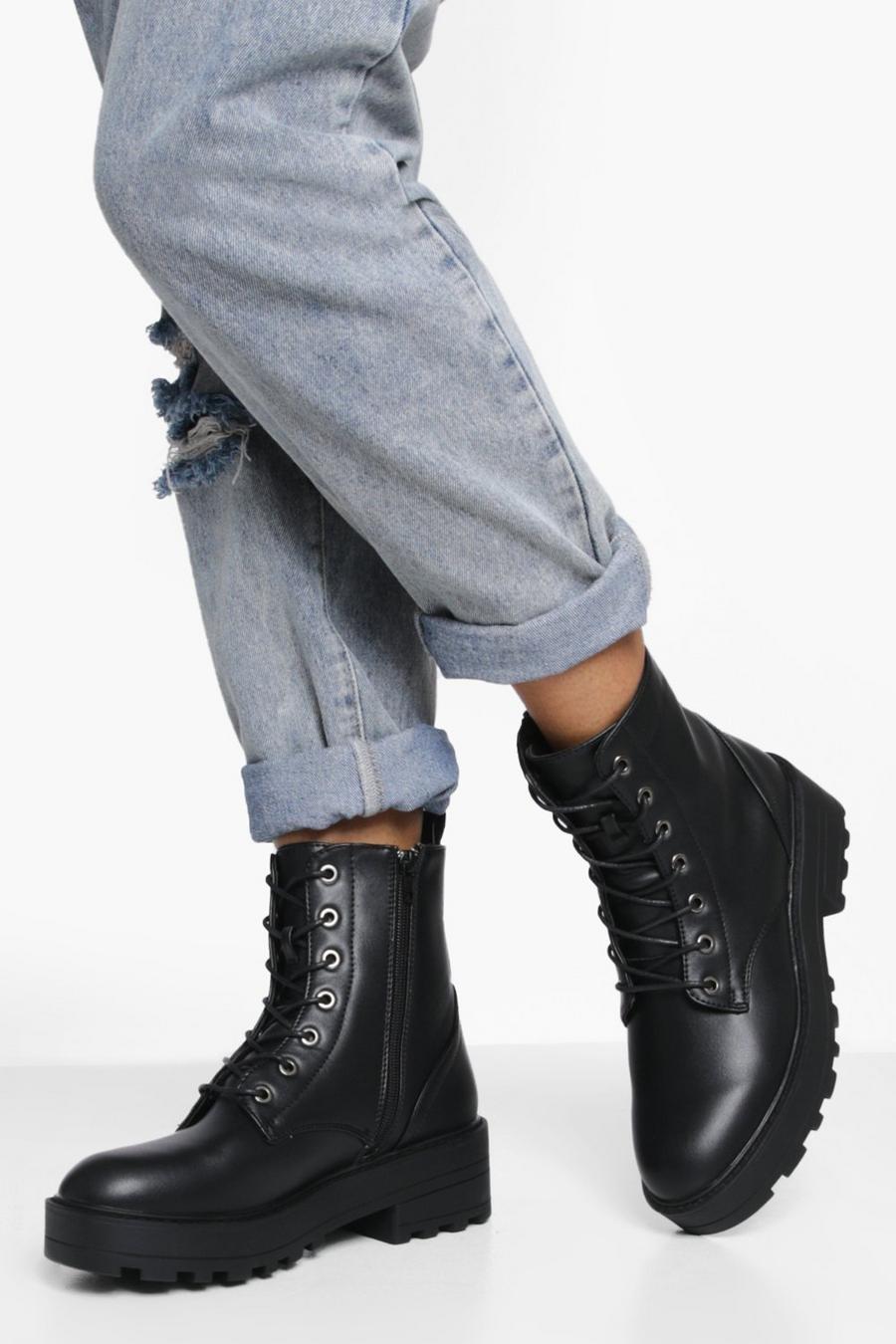 Black Chunky Lace Up Biker Boots image number 1