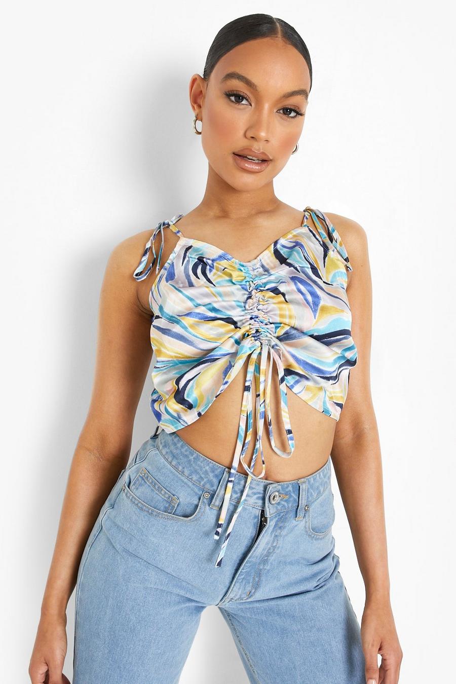 Blue Printed Satin Cropped Cami Top image number 1