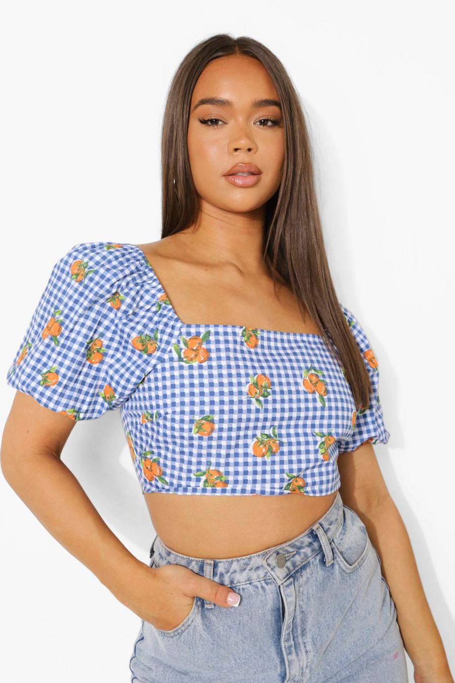 Blue Gingham Puff Sleeve Crop Top image number 1