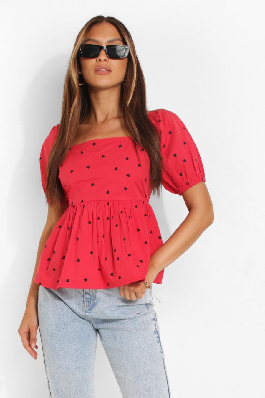 Red Heart Print Puff Sleeve Smock Top image number 1