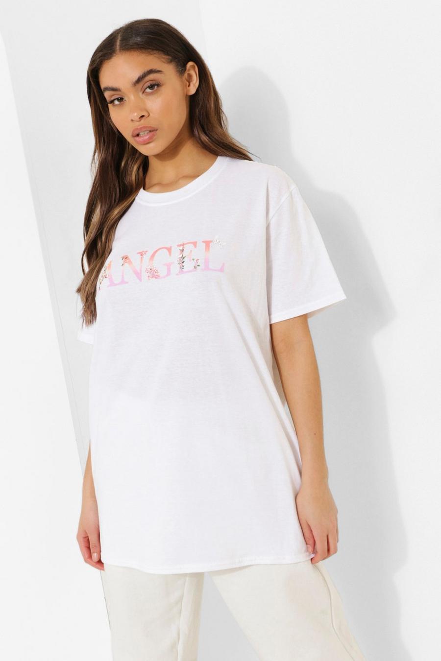 Camiseta ancha con estampado floral y de ángeles, Blanco image number 1