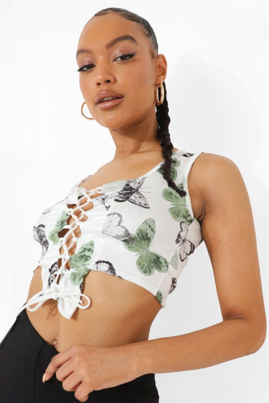 Sage Butterfly Print Lace Up Crop Top image number 1