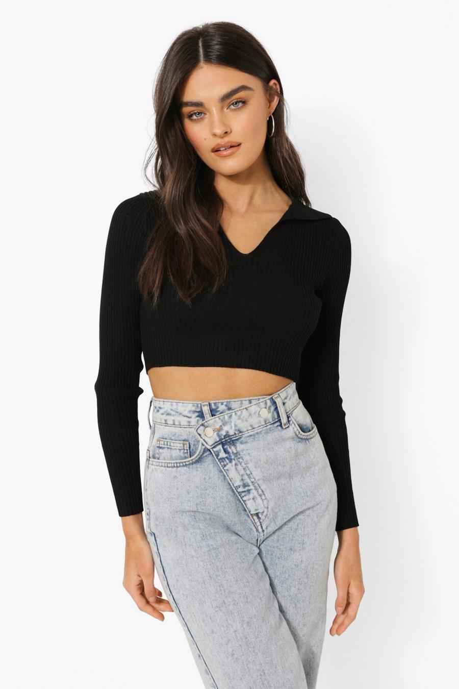 Black Polo Collar Rib Knit Cropped Sweater image number 1