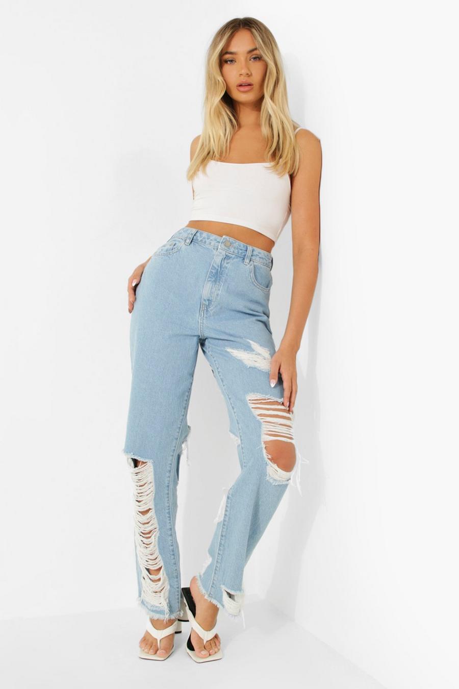 Light blue Heavily Distressed Straight Leg Jeans image number 1