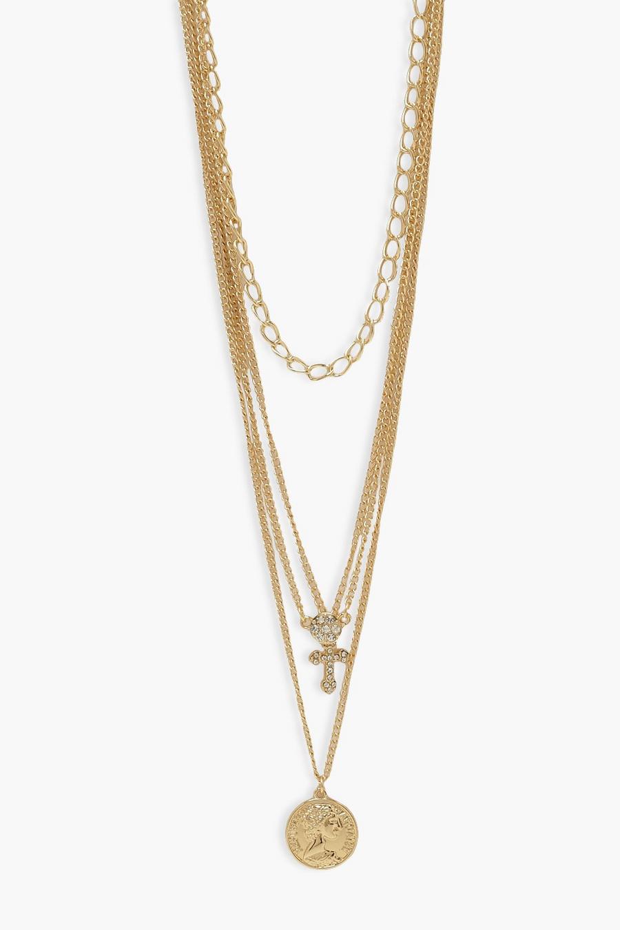 Gold Coin Cross Diamante Layered Necklace image number 1