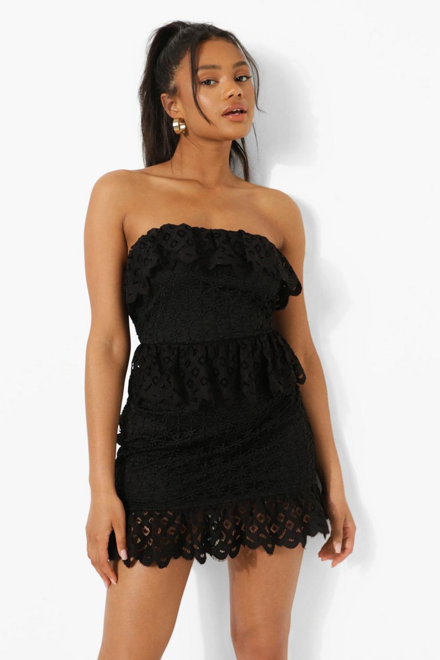 Black Bandeau Ruffle Detail Lace Mini Dress image number 1