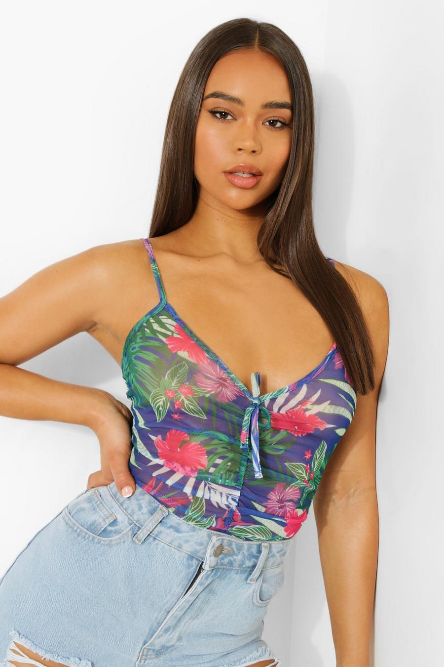 Green Hawaiian Print Ruched Front Bodysuit 1 image number 1