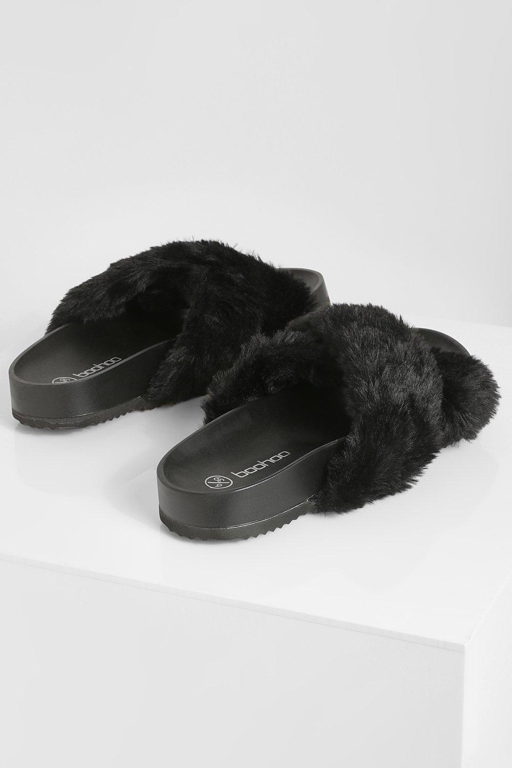 Wide Fit Crossover Fur Slider boohoo