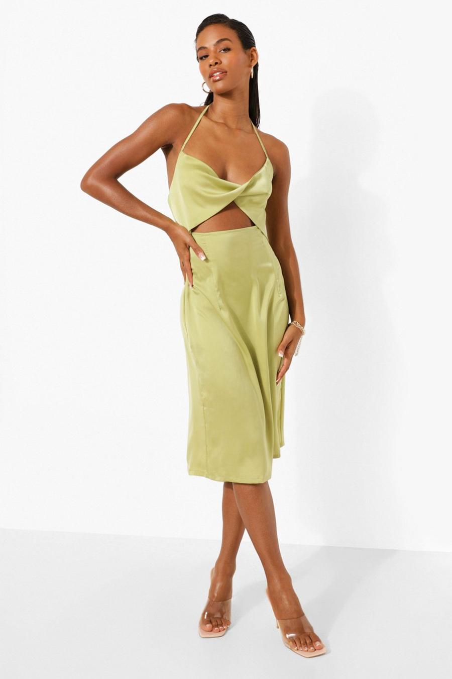 Chartreuse Satin Halterneck Twist Mini Dress image number 1