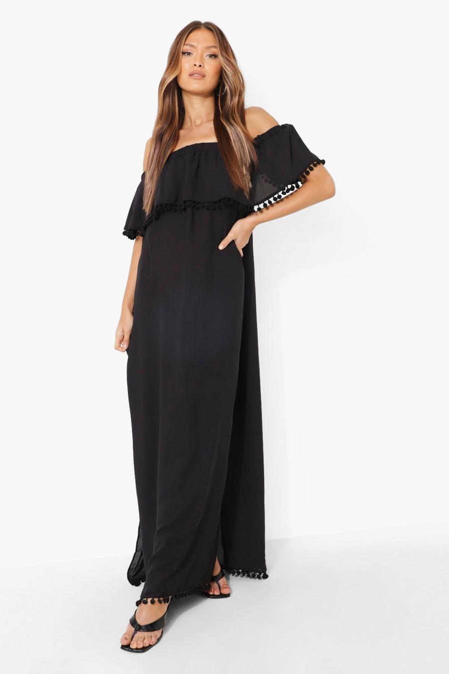 שחור שמלת מקסי ברדו עם פונפונים image number 1