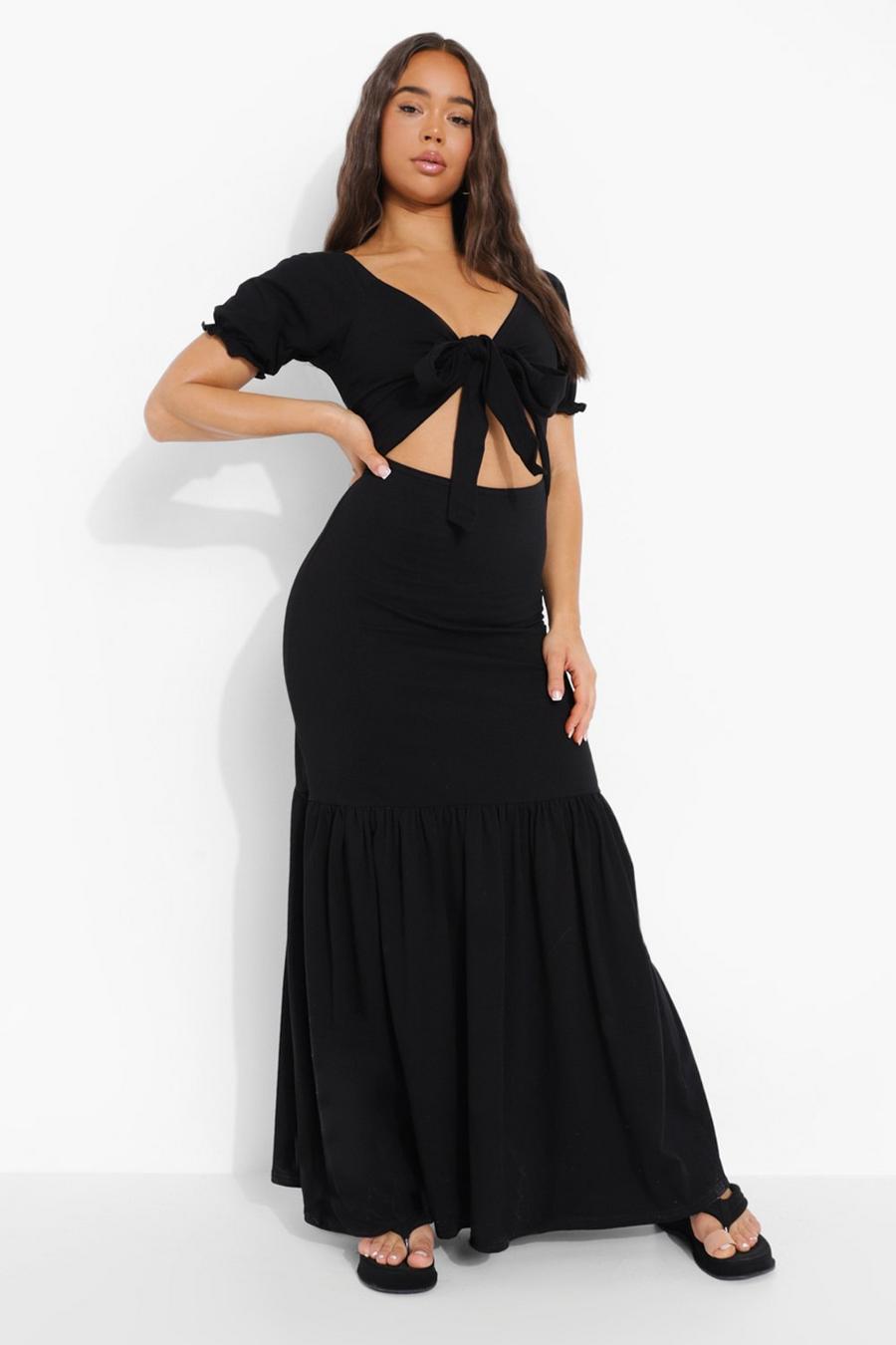 Black Puff Sleeve Tie Bust Maxi Dress image number 1
