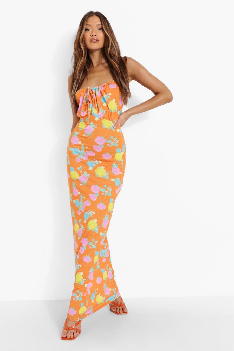 Orange Floral Print Tie Detail Maxi Dress image number 1