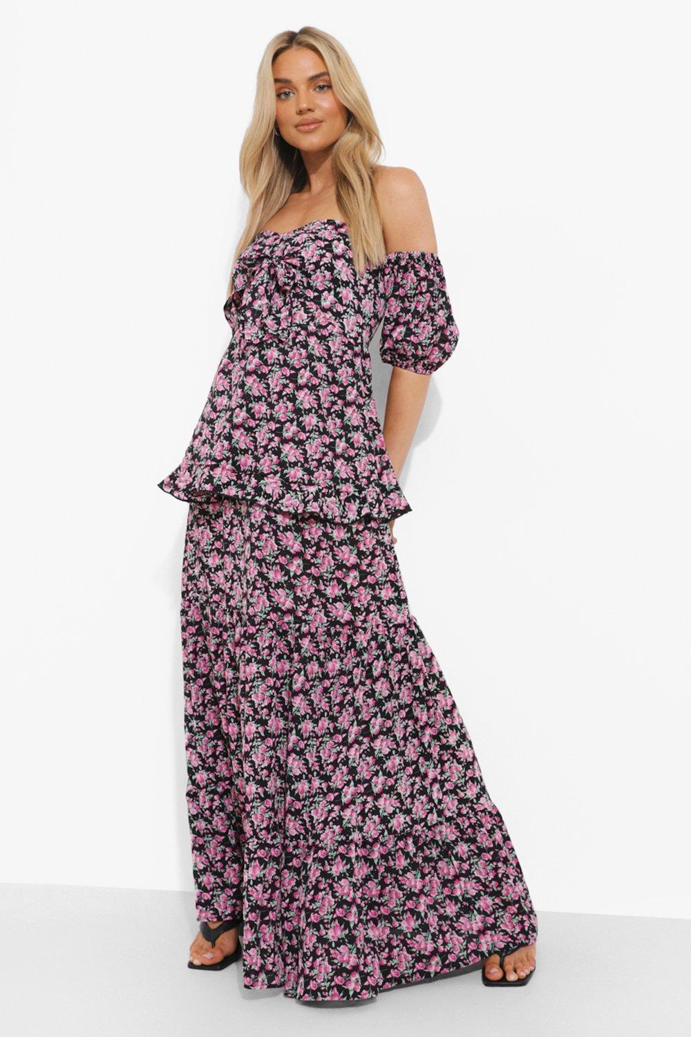 Floral Off The Shoulder Knot Front Maxi Dress | Boohoo