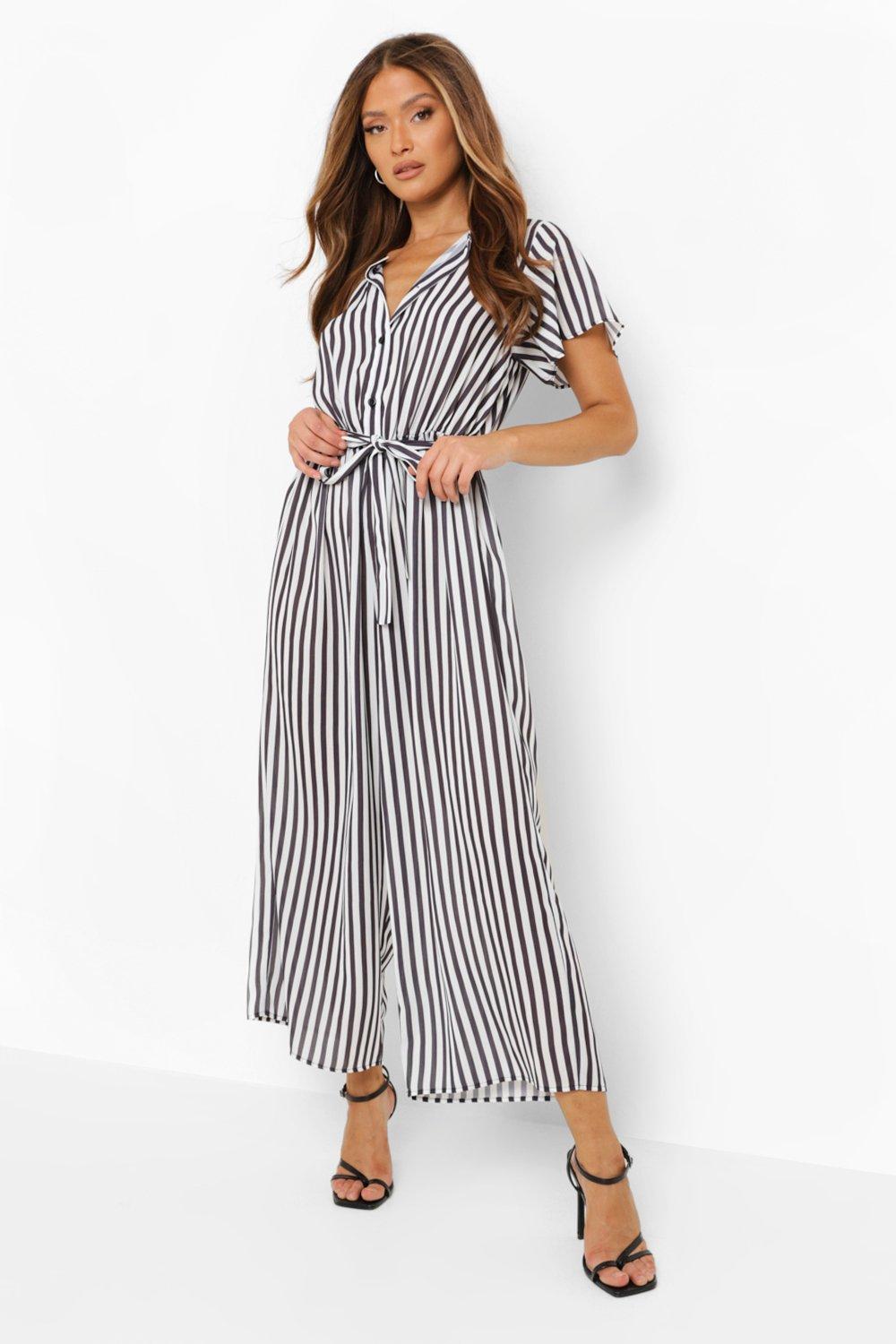 Black and white hot sale striped jumpsuit boohoo