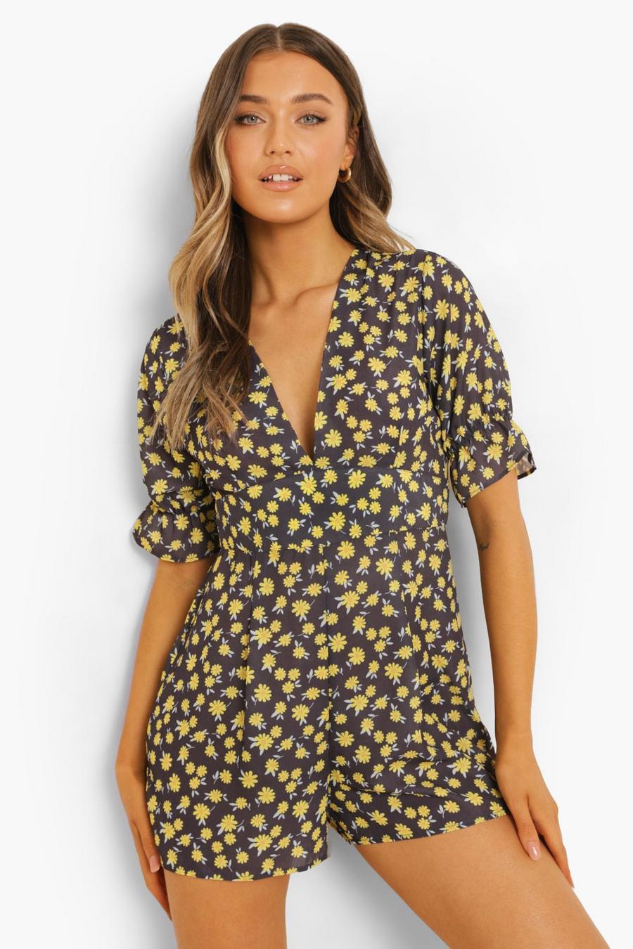 Navy Floral Puff Sleeve Plunge Playsuit image number 1