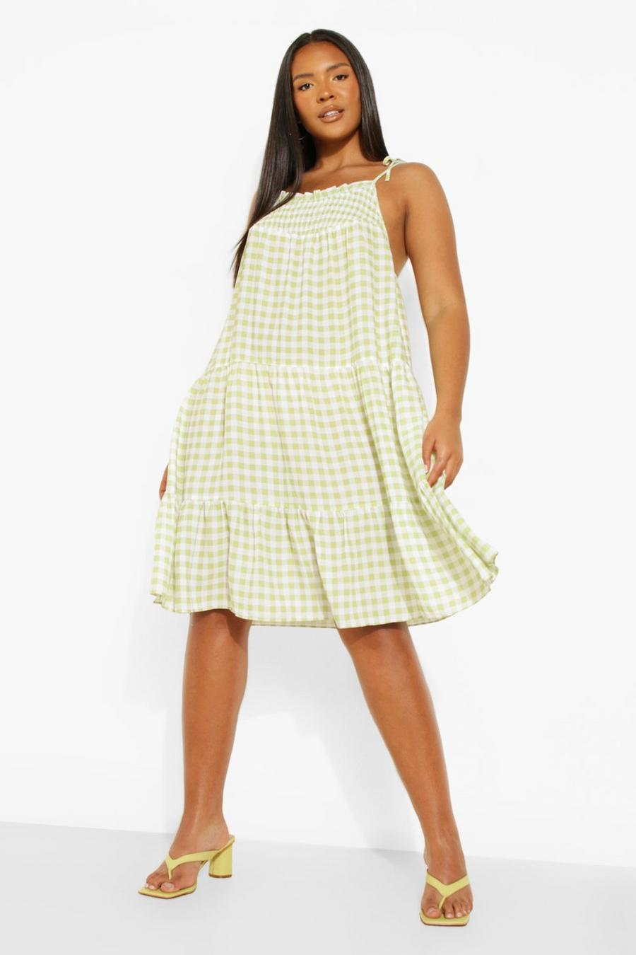 Lime green Plus Gingham Print Tiered Smock Dress image number 1