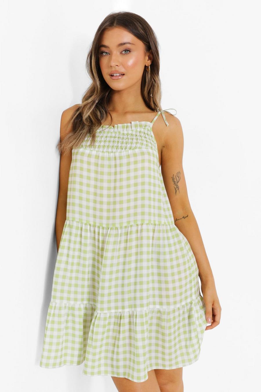 Lime Gingham Print Tiered Smock Dress image number 1