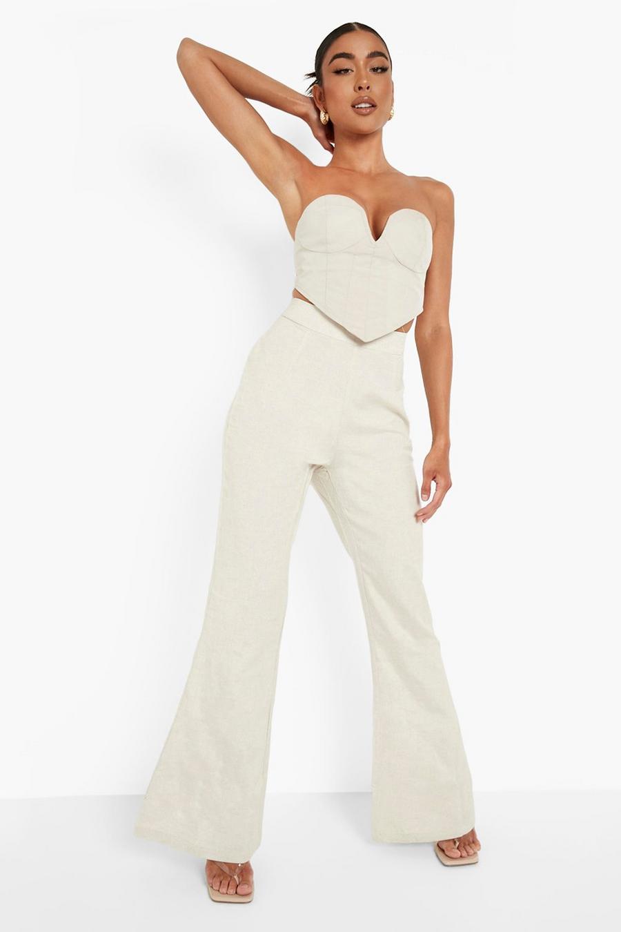 Oatmeal Linen Look Flare Pants image number 1