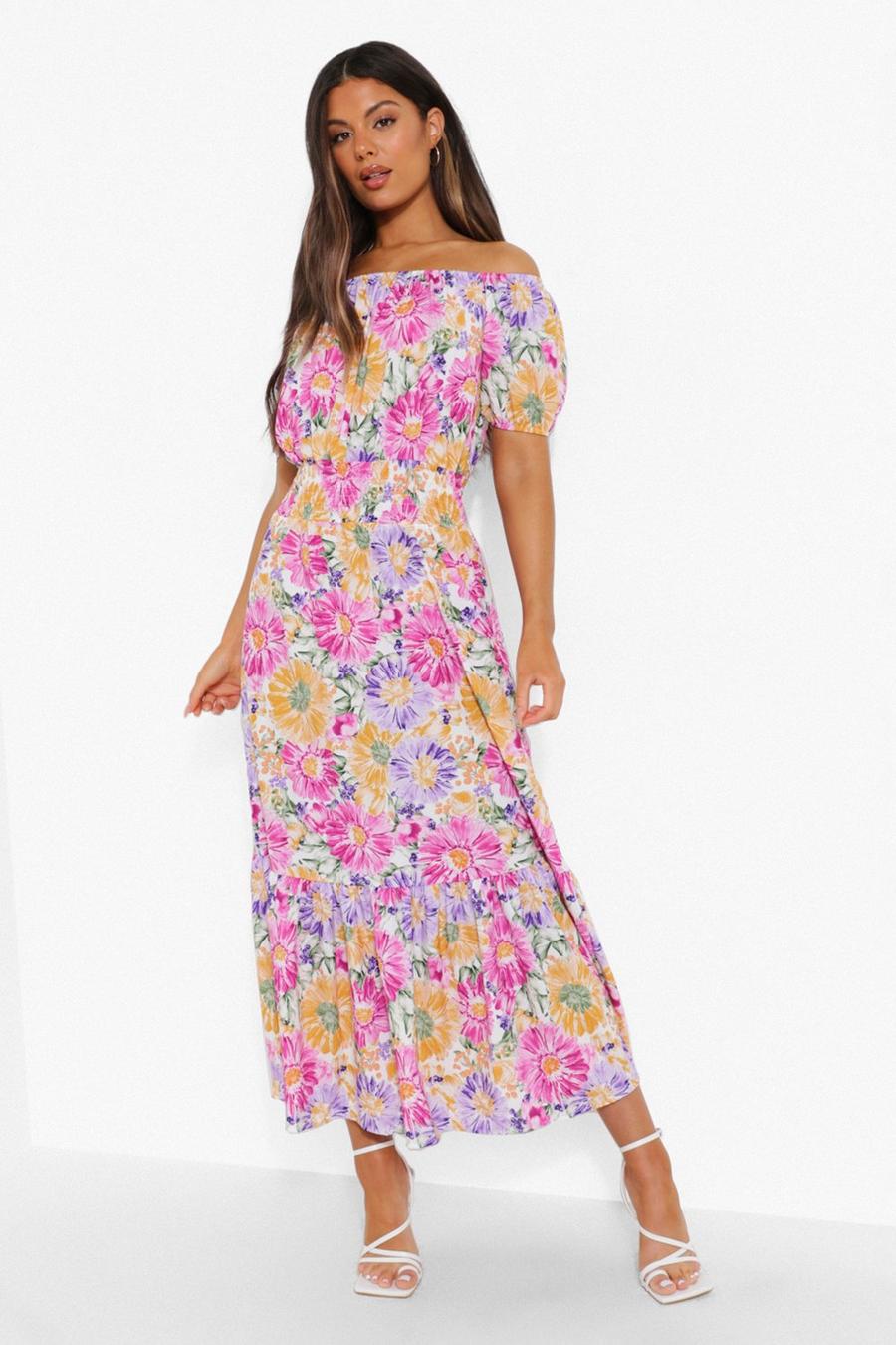 Multi Floral Print Bardot Maxi Dress image number 1