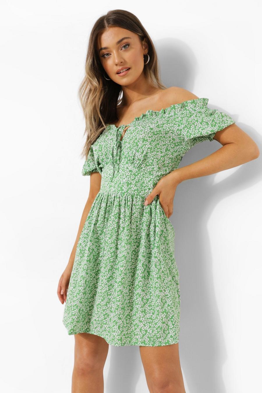 ירוק שמלת סקייטר פרחונית בגזרת ברדו image number 1