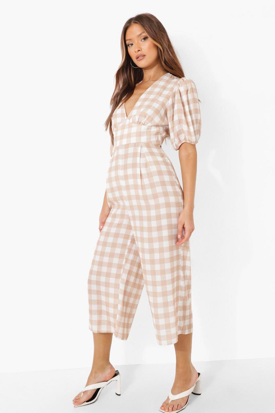 Stone Gingham Culotte Jumpsuit Met Pofmouwen image number 1
