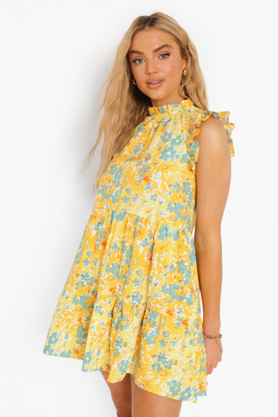 Yellow Floral Print Ruffle Tiered Smock Dress image number 1
