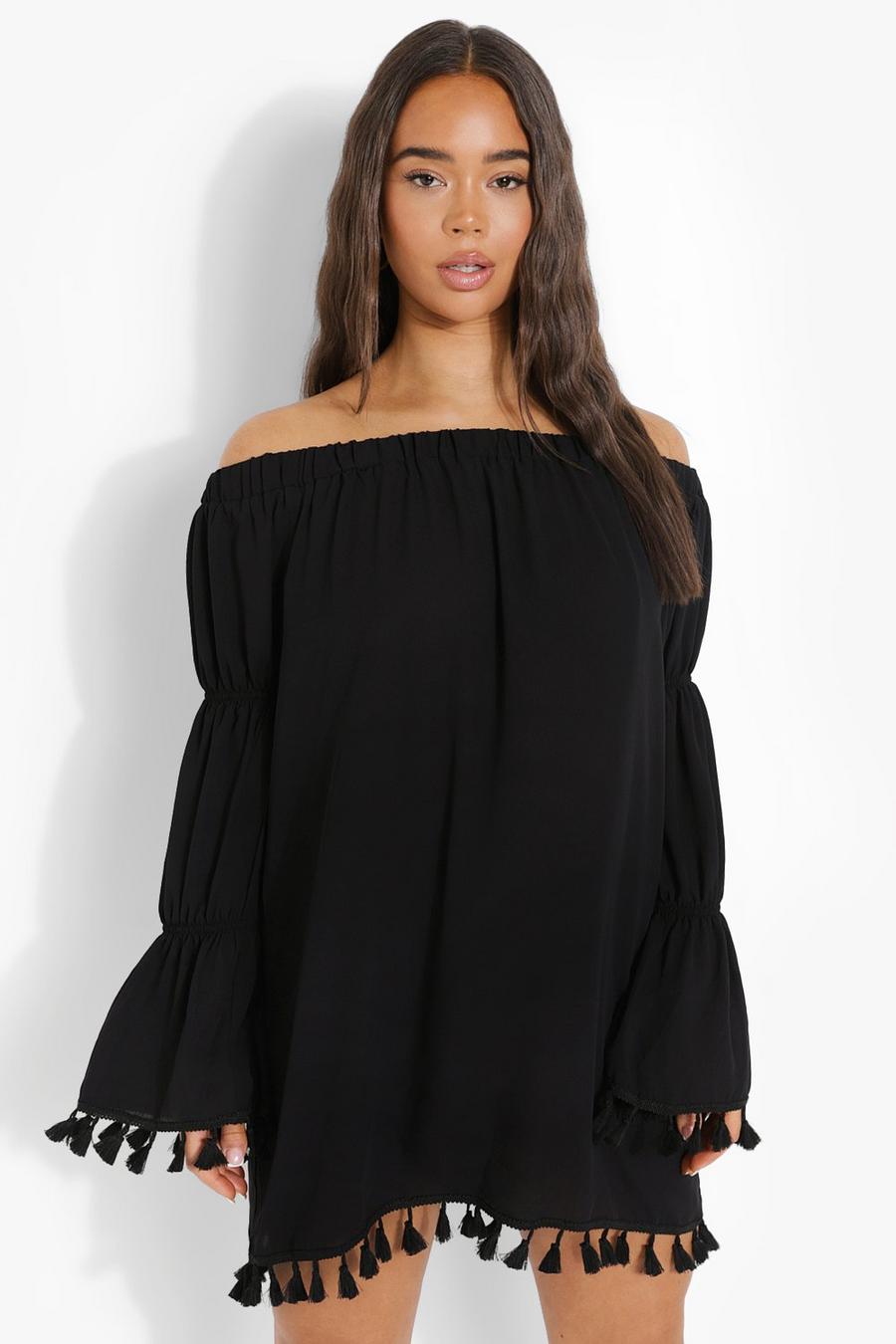 Black Bardot Long Tiered Sleeve Tassel Shift Dress image number 1