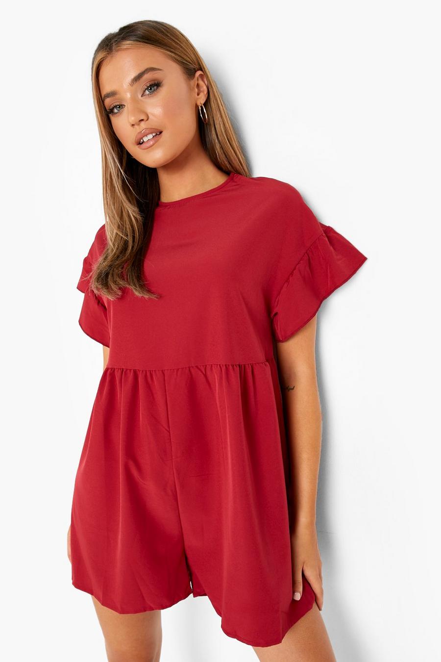 Berry Frill Sleeve Smock Romper image number 1