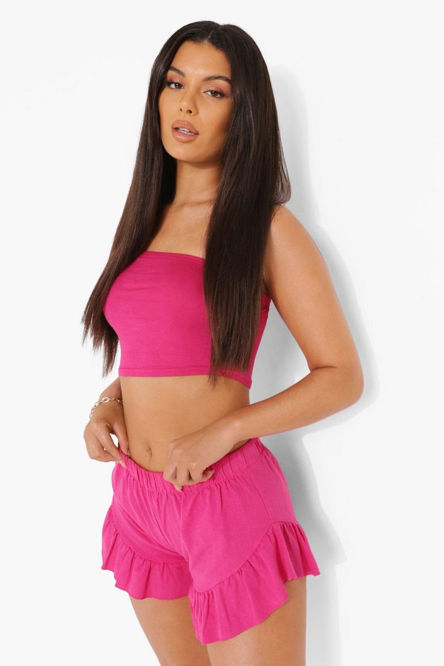 Hot pink Shorts i linnetyg med volanger image number 1