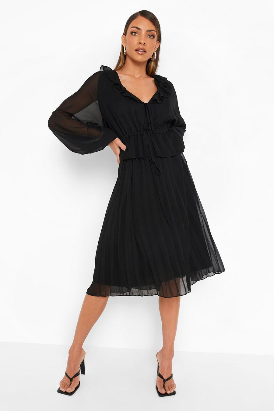 Black Pleated Long Sleeve Ruffle Midi Smock Dress image number 1