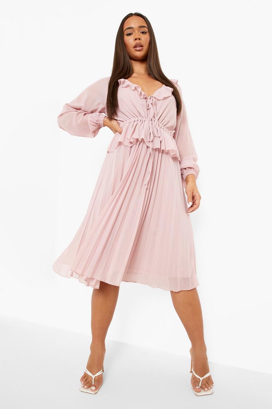 Soft pink Pleated Long Sleeve Ruffle Midi Smock Dress image number 1
