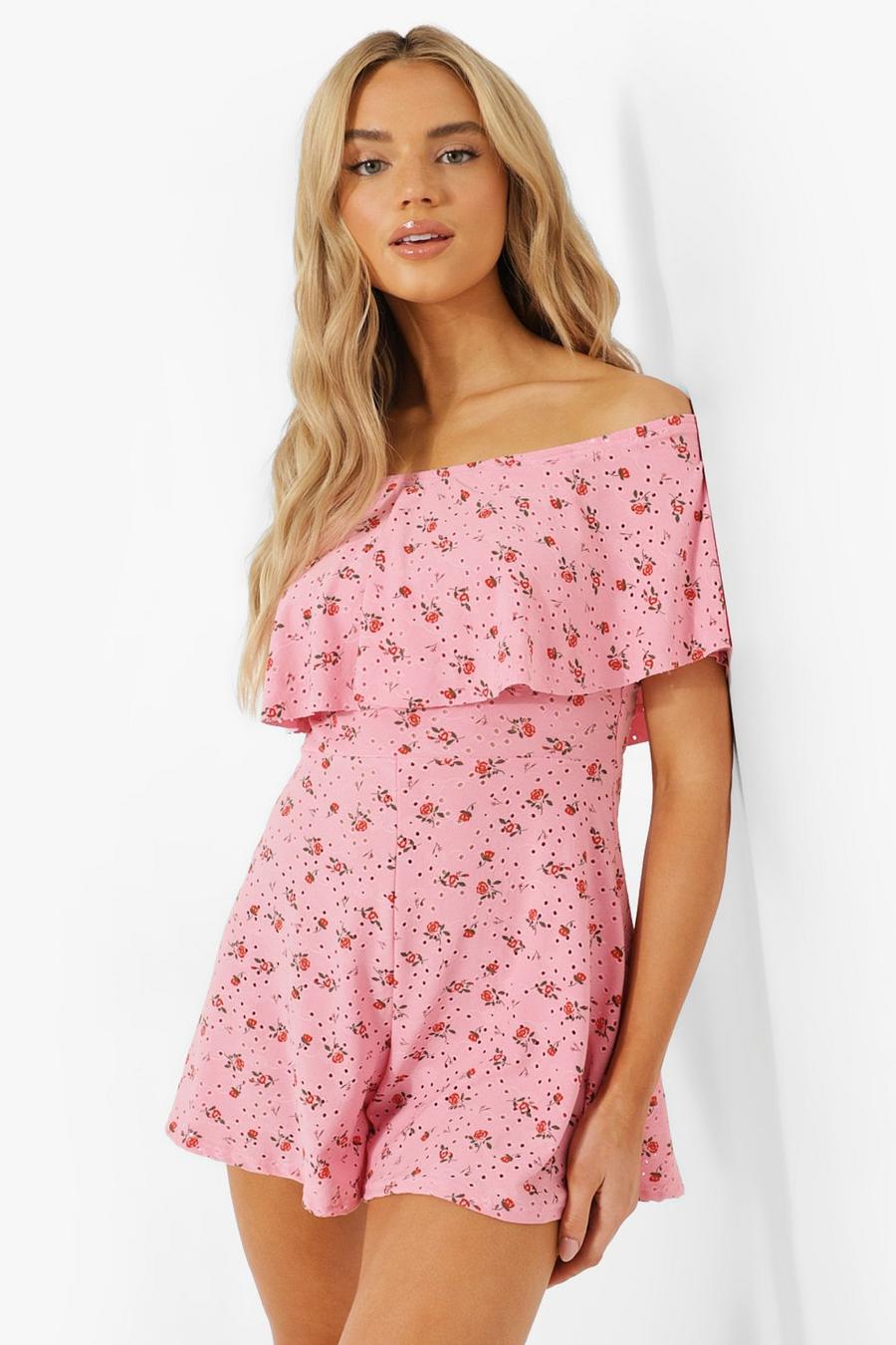 Pink Jersey Broderie Floral Bardot Tiered Playsuit image number 1