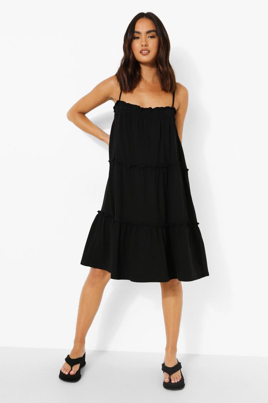Black Strappy Tiered Swing Dress image number 1