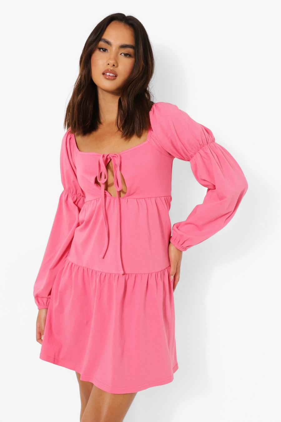 Hot pink Halterneck Puff Sleeve Smock Dress image number 1