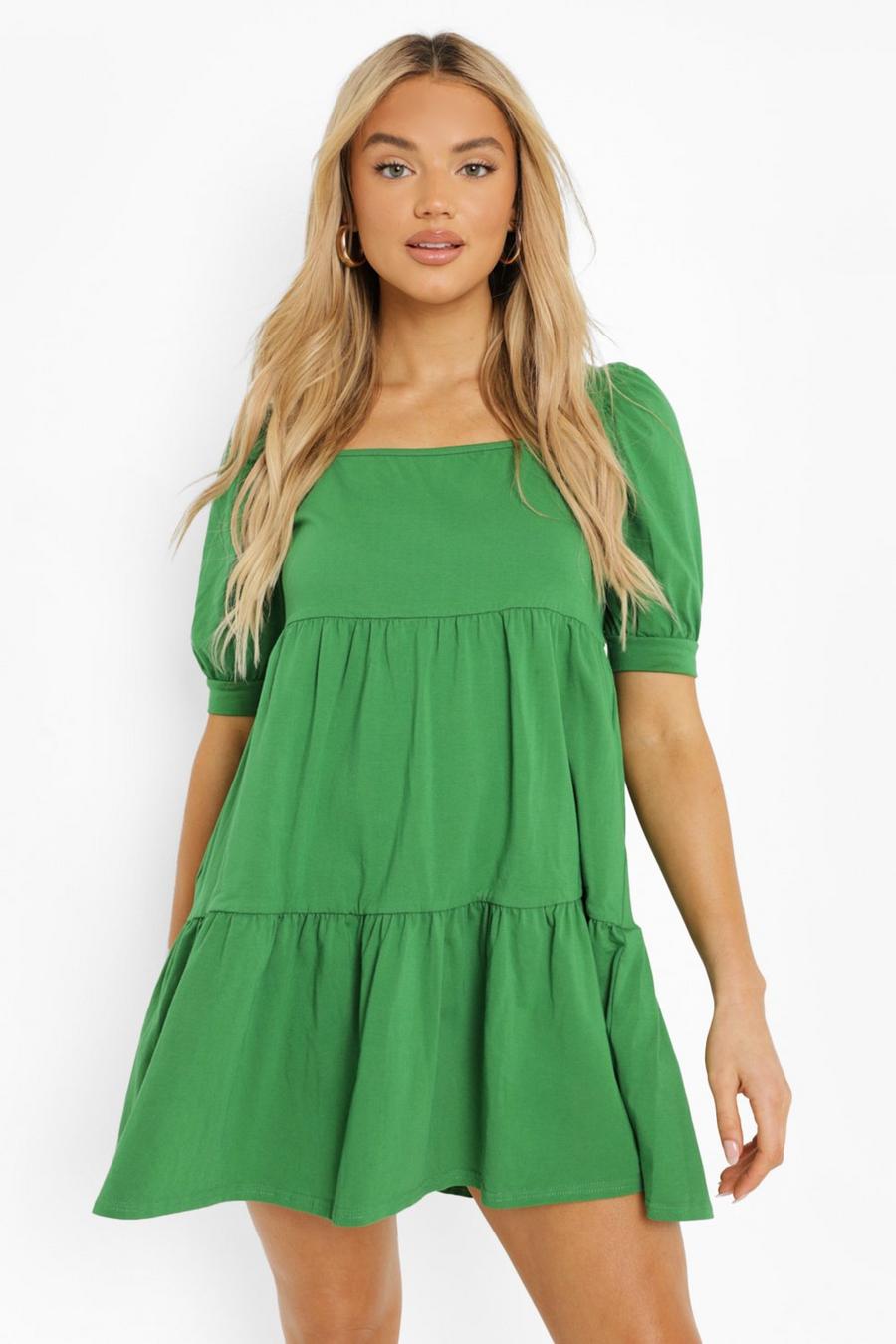 Green Square Neck Puff Sleeve Smock Dress image number 1