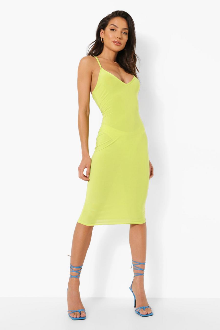 Lime Slinky Strappy Plunge Bodycon Midi Dress image number 1