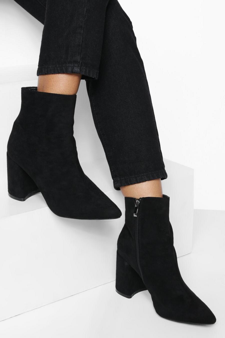 Black svart Wide Fit Block Heel Pointed Boots