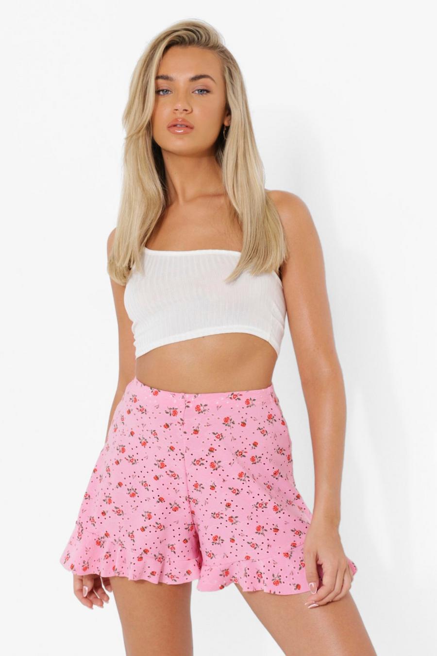 Pink Jersey Broderie Floral Shorts image number 1