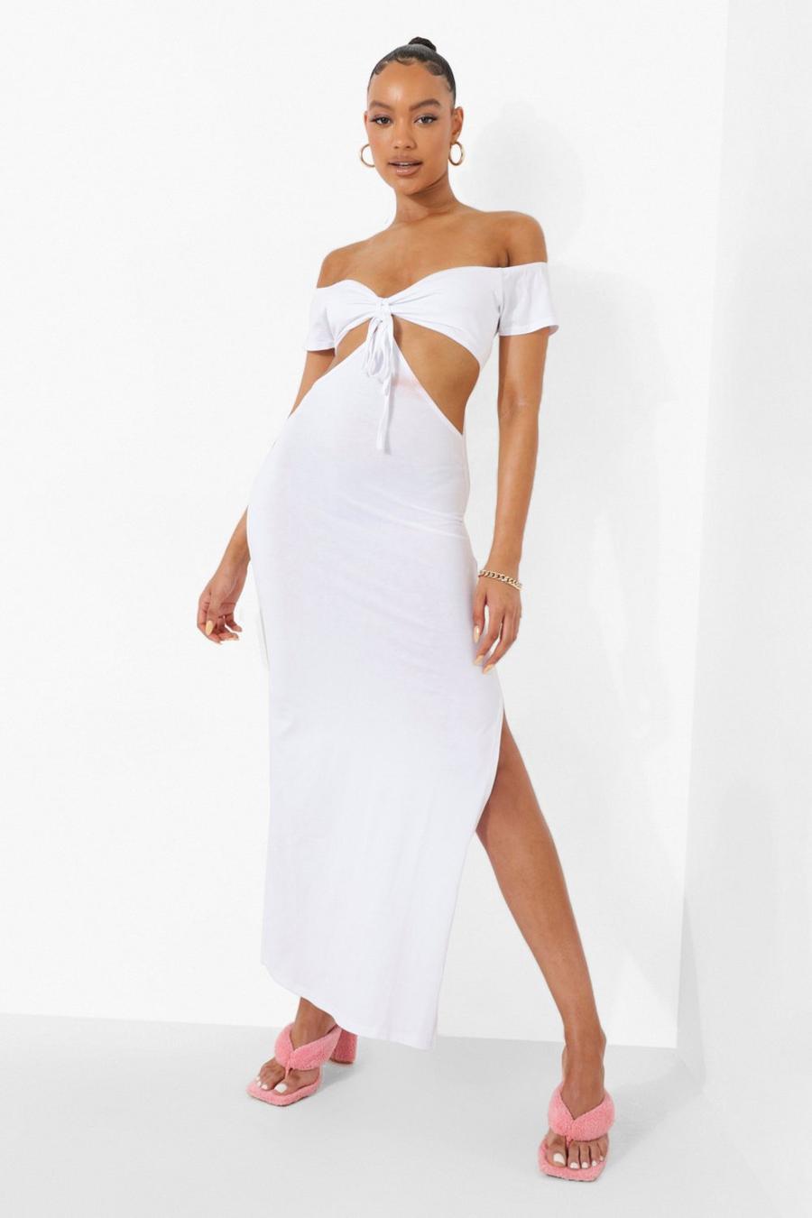 White Off The Shoulder Tie Detail Cut Out Maxi Dress image number 1